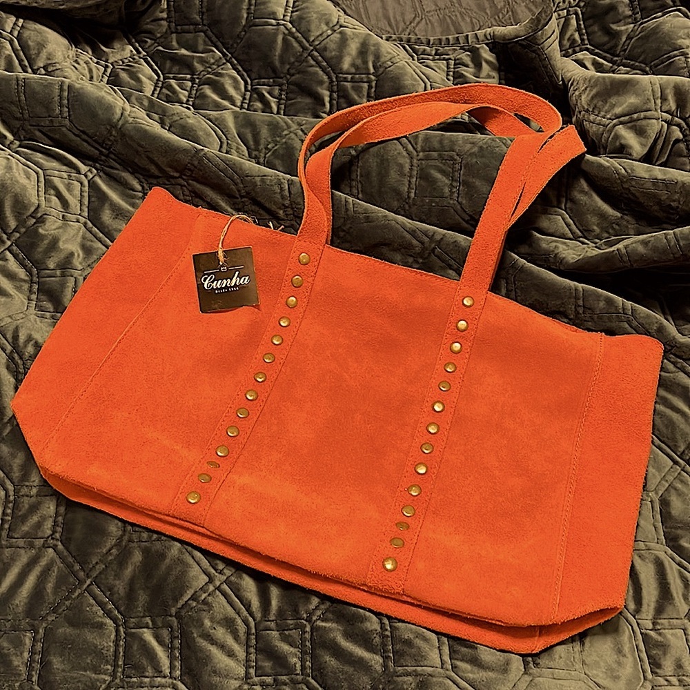 Pumpkin ORANGE Suede studded tote/shoulder bag from Portugal.